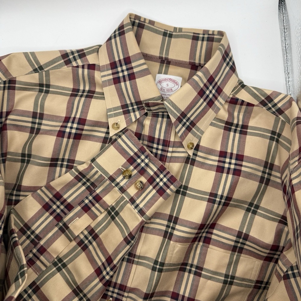 Brooks Brothers Dress 1818 Shirt Mens Small‎ Regent Tan Plaids Cotton Non-Iron